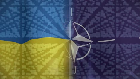 Animación-De-Un-Hacker-Caucásico,-Procesamiento-De-Datos-Y-Candado-Sobre-La-Bandera-De-La-Otan-Y-Ucrania