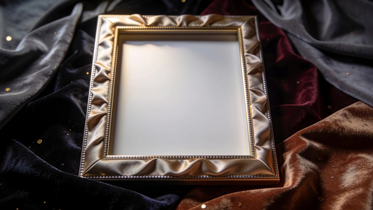 Verschuivend licht en een bewegende camera onthullen een sierlijke gouden lijst met parelrand op fluweel.