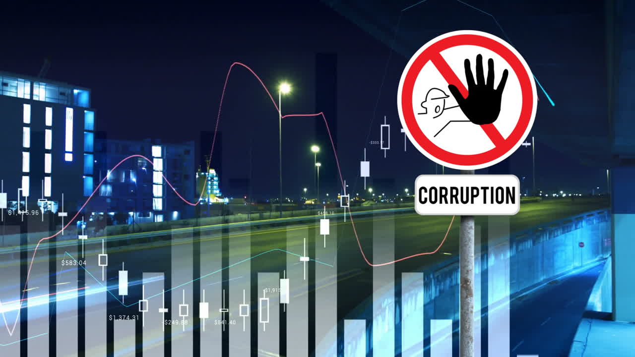 Animation of diagrams and city over warning sign with corruption text