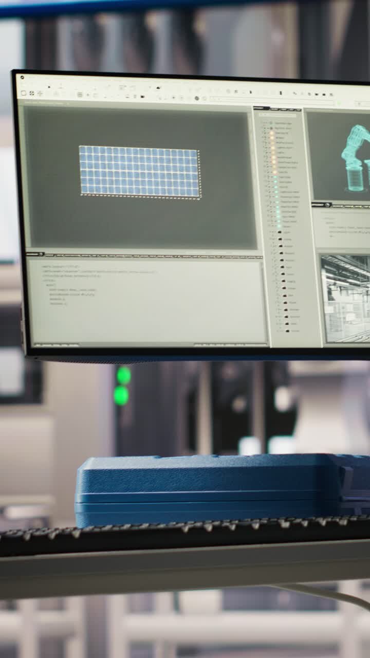 Video verticale: Monitor in un impianto industriale intelligente Industria 4.0 dotato di sensori avanzati.
