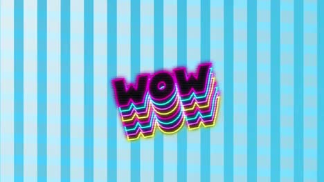 digital animation of neon wow text with shadow effect against stripes on blue background