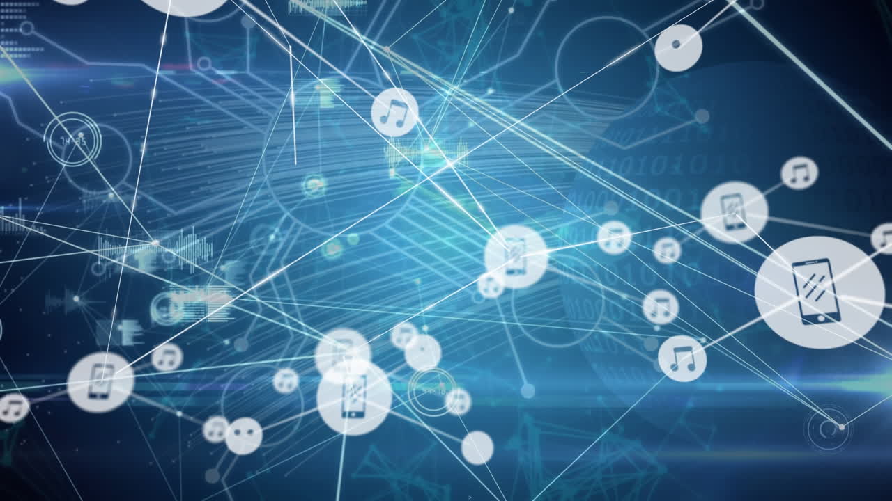 Animation of connected icons and dots with lens flares, binary codes and circuit board pattern