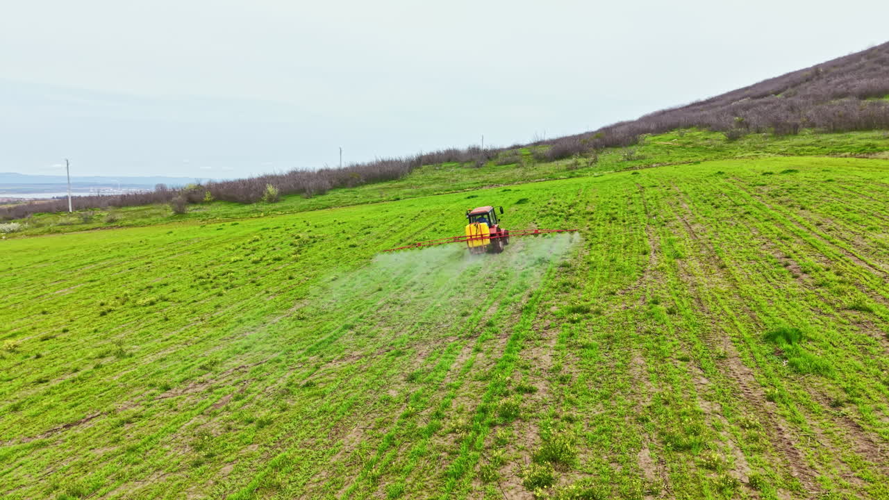 Preparazione del campo prima della semina in una vasta area verde con macchinari che lavorano per coltivare il terreno al mattino presto.