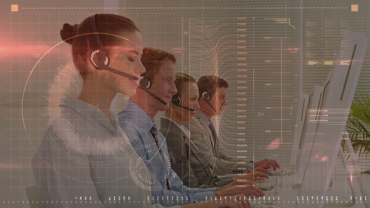 Animation of financial data processing over business people working in office