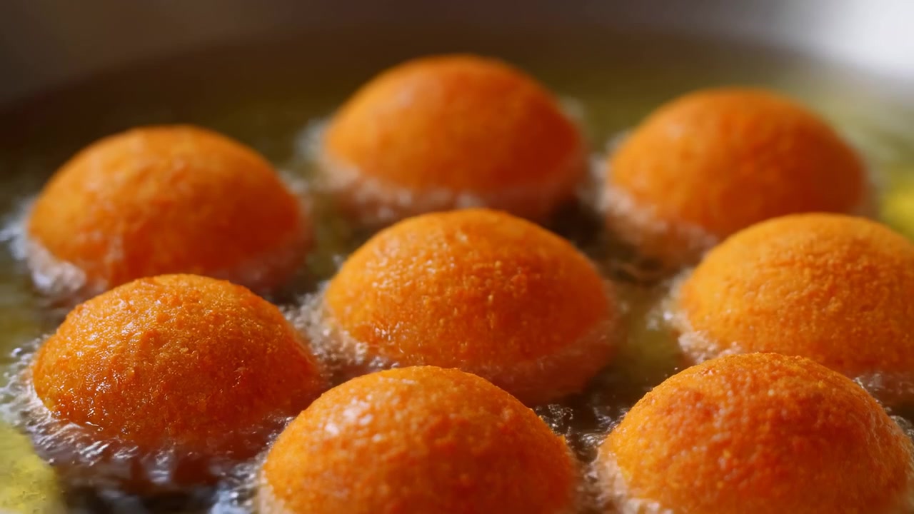 Una persona frigge delle palline in una cucina, ripreso dall'alto, creando un ambiente di cucina calmo e concentrato con olio in una padella, evidenziando l'uso di colori alimentari arancioni e gialli.