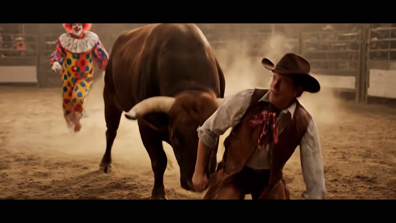 Rodeo with Bull, Clown, and Cowboy