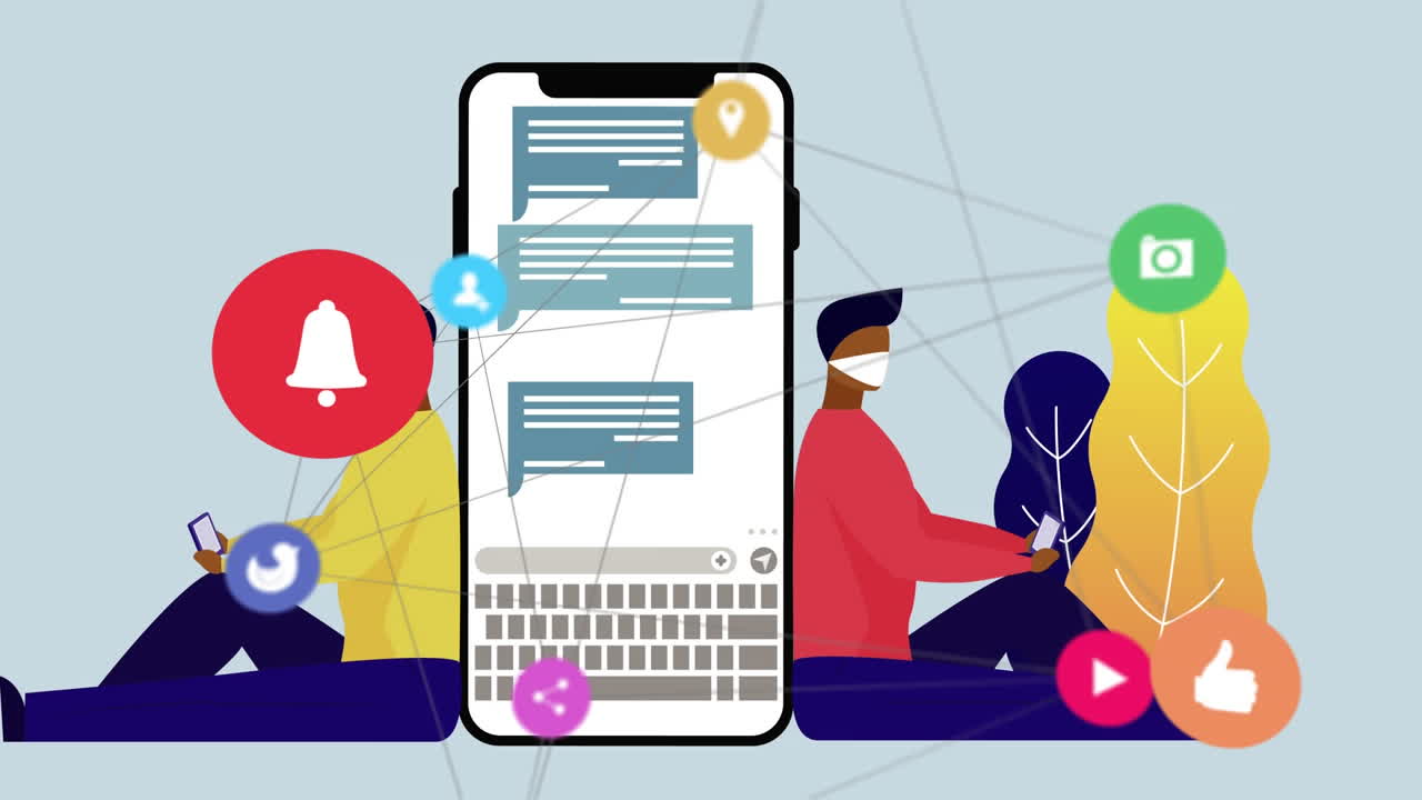 스마트폰에 기대어 얼굴 마스크를 쓴 사람들 위에 디지털 아이콘으로 네트워크의 애니메이션