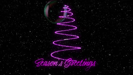 Animation-of-snow-falling-over-season's-greetings-text-and-christmas-tree-formed-with-shooting-star