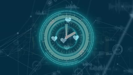 Animación-De-Corazones-Y-Reloj-Sobre-Red-De-Conexiones-Y-Procesamiento-De-Datos