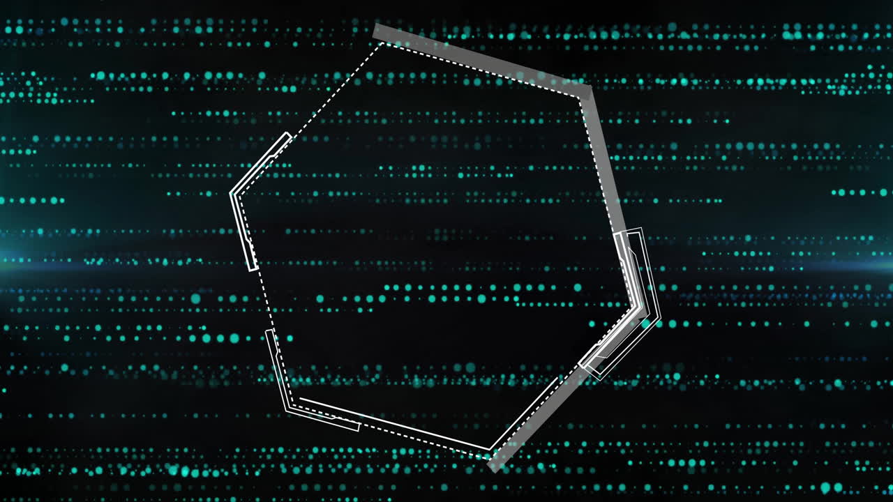 Hexagonal frame with digital data processing animation over dark background