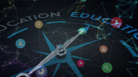 animación del giro de la brújula y texto educativo con iconos digitales y procesamiento de datos