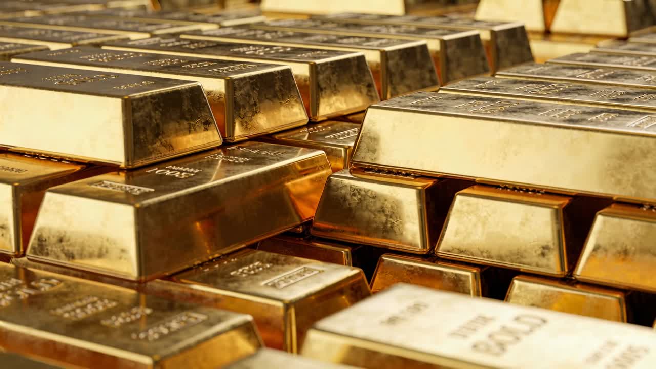 Video verticale: movimenti di panning e pulling della telecamera, che mostra lingotti d'oro timbrati e bagliori per un audit finanziario.