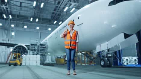 ingeniera mujer levantando los pulgares en el hangar del avión