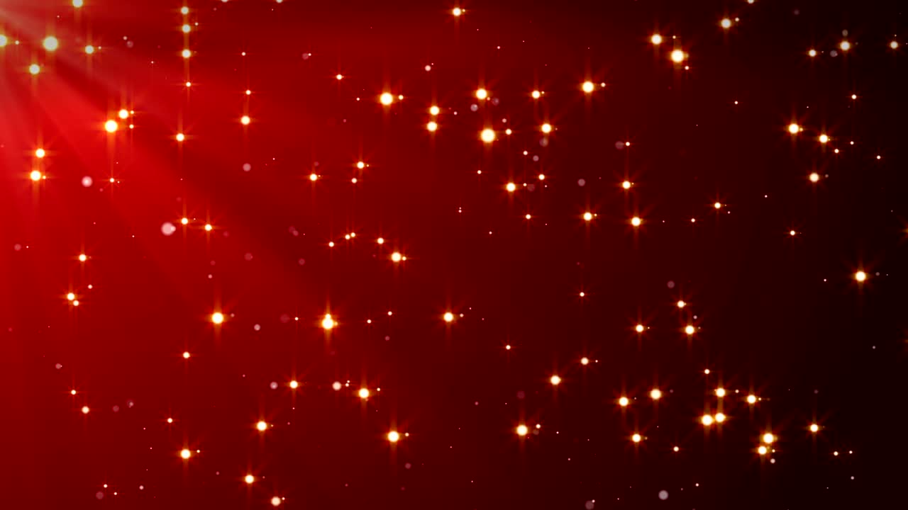 빨간색 메리 크리스마스 배경에 떨어지는 콘페티와 빛의 광선.