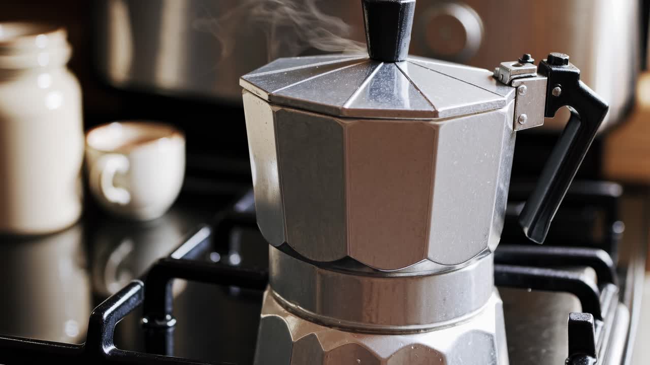 Close-up video shot of a stovetop espresso maker on a gas burner, showcasing its geometric design