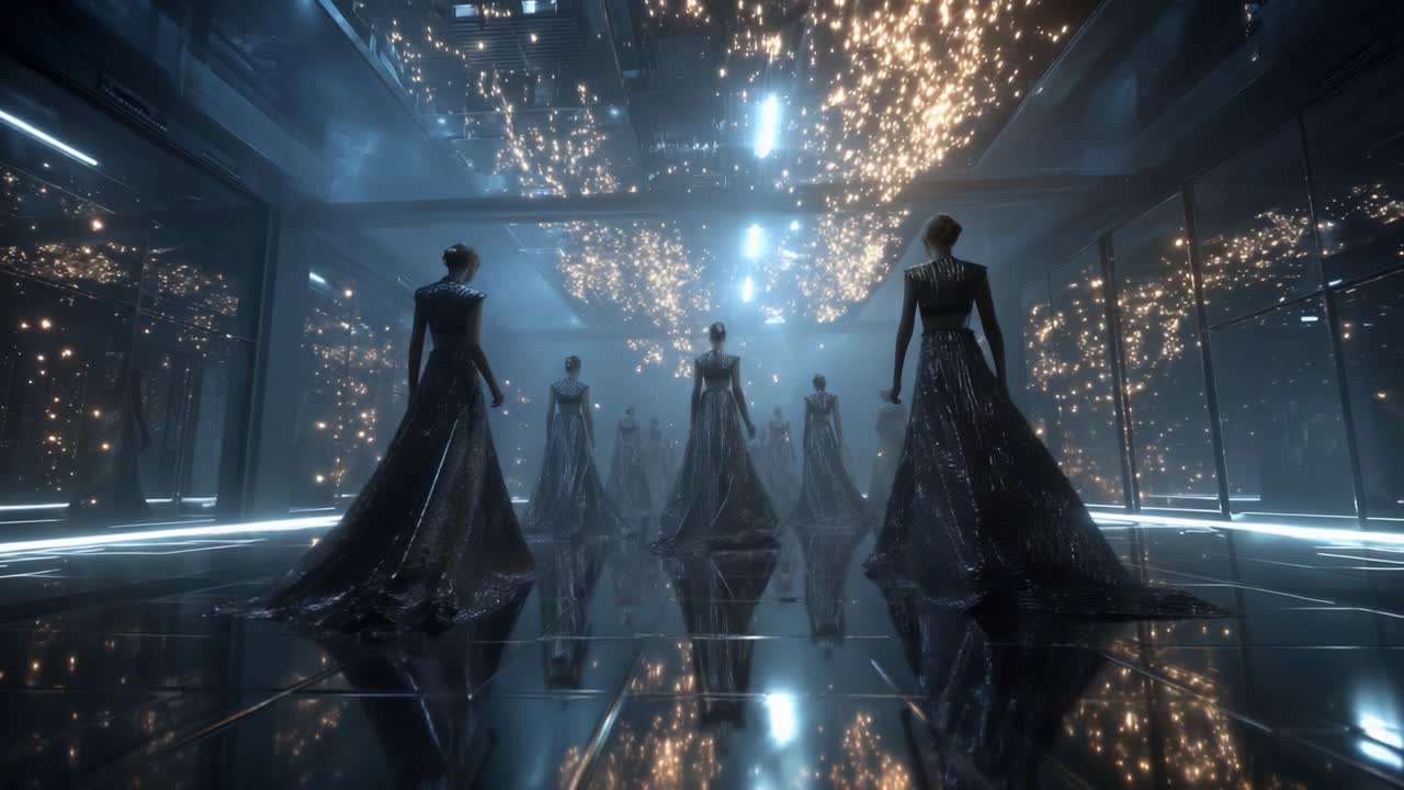 Elegant Women in Futuristic Hall