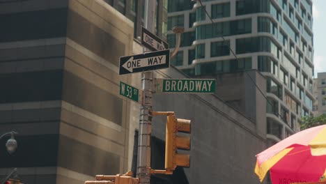 intersection of broadway and west 53 street signs in new york city, midday