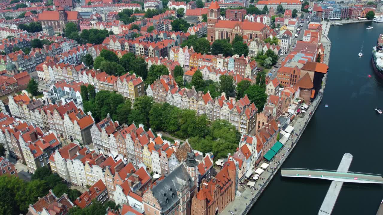 Gdansk City, Motlawa River And Kladka Grzegorza (Footbridge to Granary Island) In Gdansk, Poland. - aerial shot