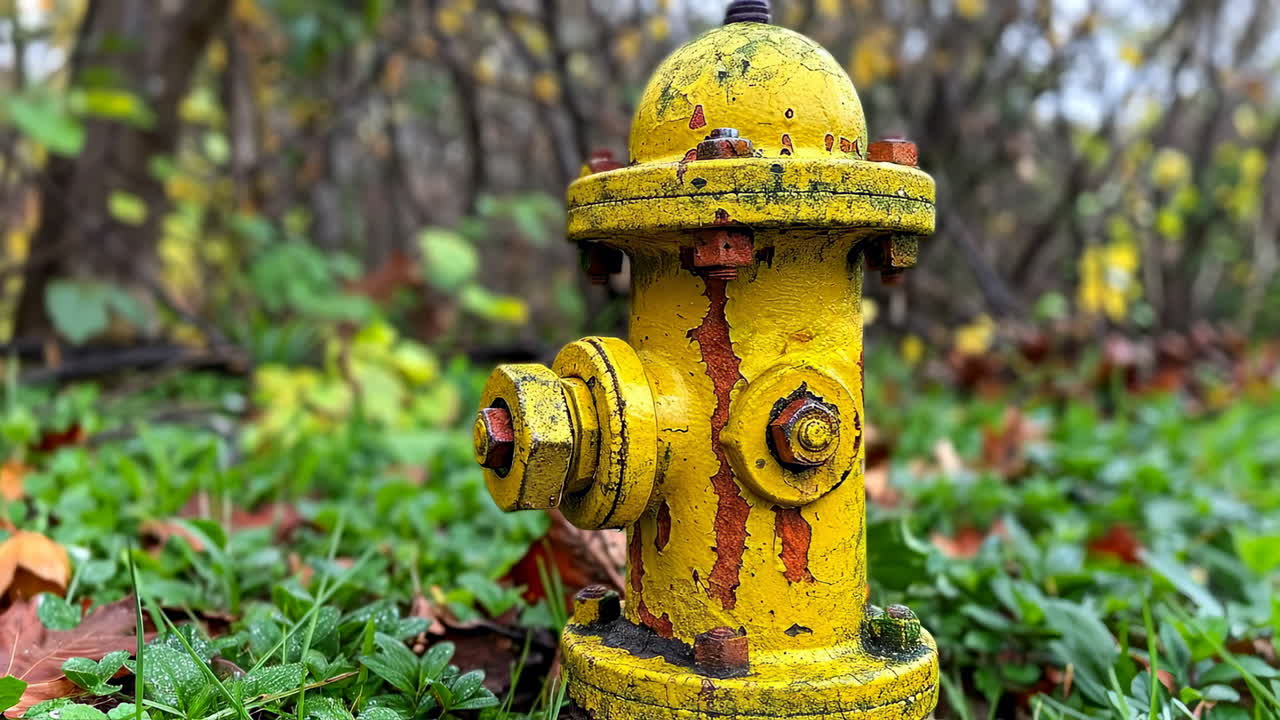 Idrante giallo in un parco verde. Un idrante antincendio giallo si trova tra l'erba verde e le foglie cadute in un parco sereno durante l'autunno