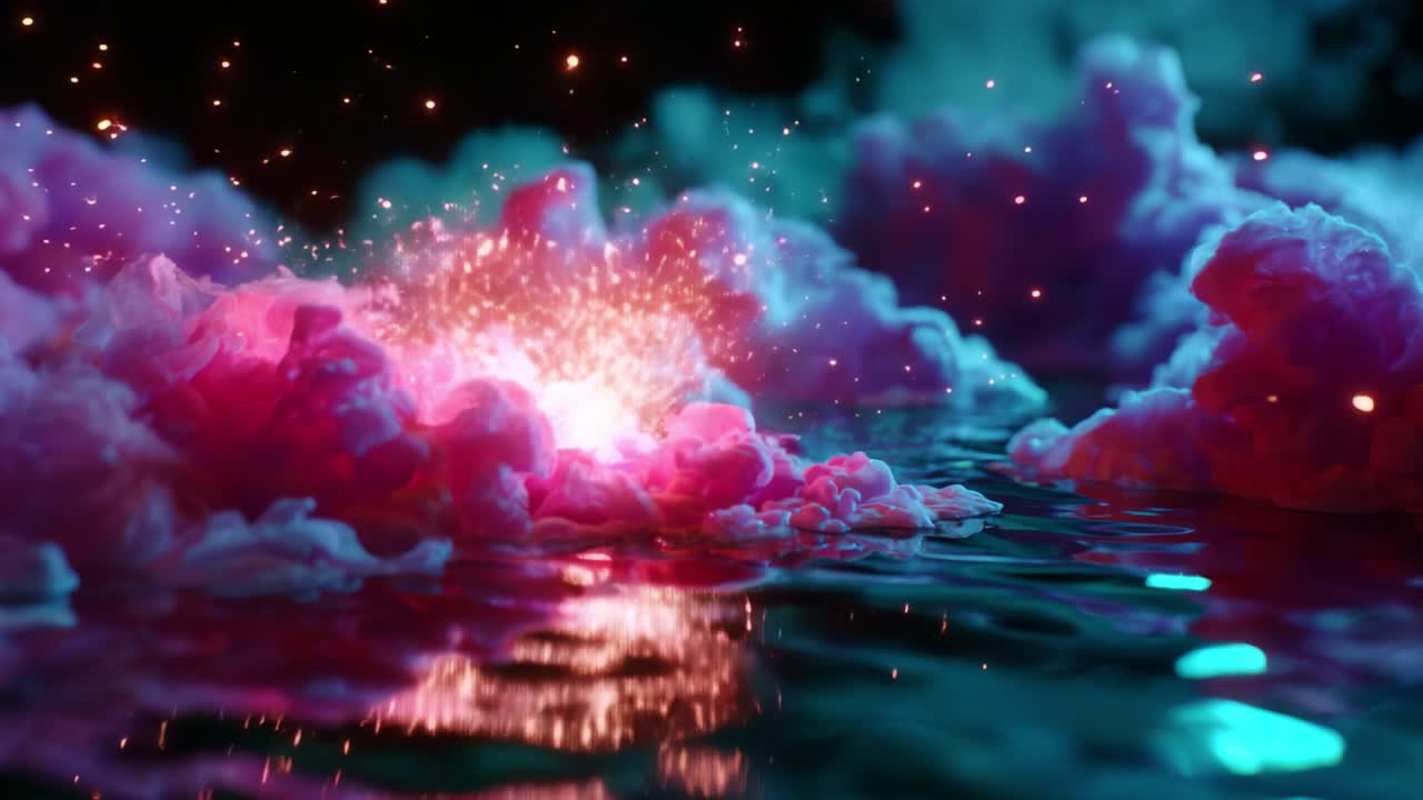 Un'esplosione di scintille colorate in un mare di nuvole onirico che si riflettono nell'acqua: cattura la magia della luce e delle energie mistiche in un ambiente vivace e incantevole
