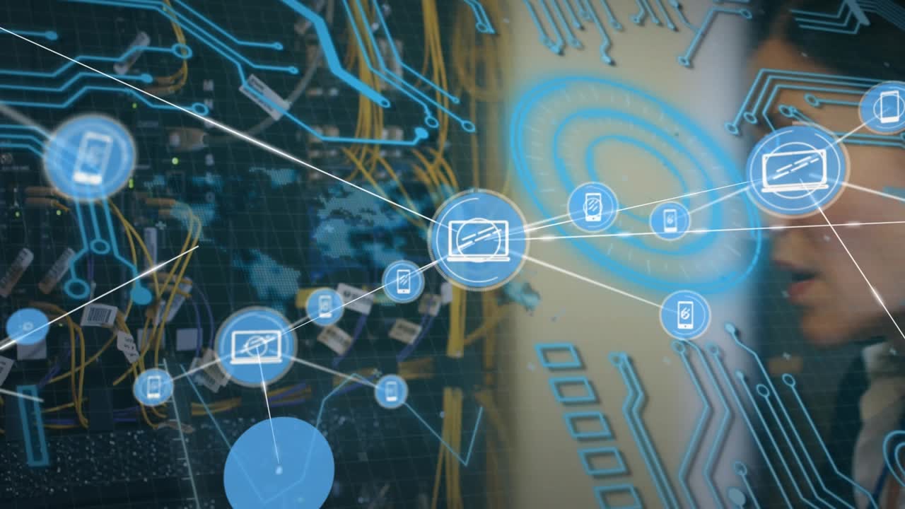 Animation of network of connections over server room and caucasian female worker