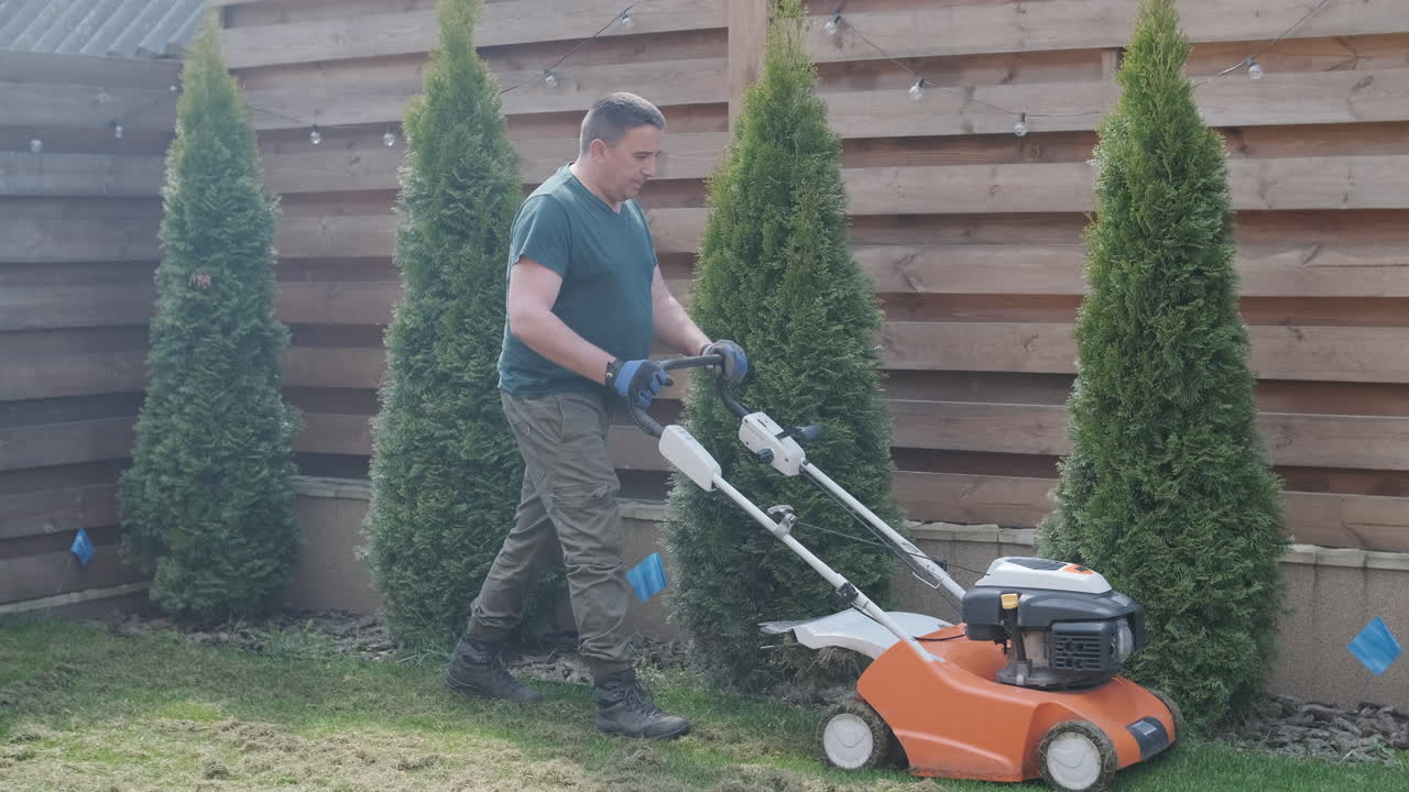Homem escarificando gramado com escarificador no quintal