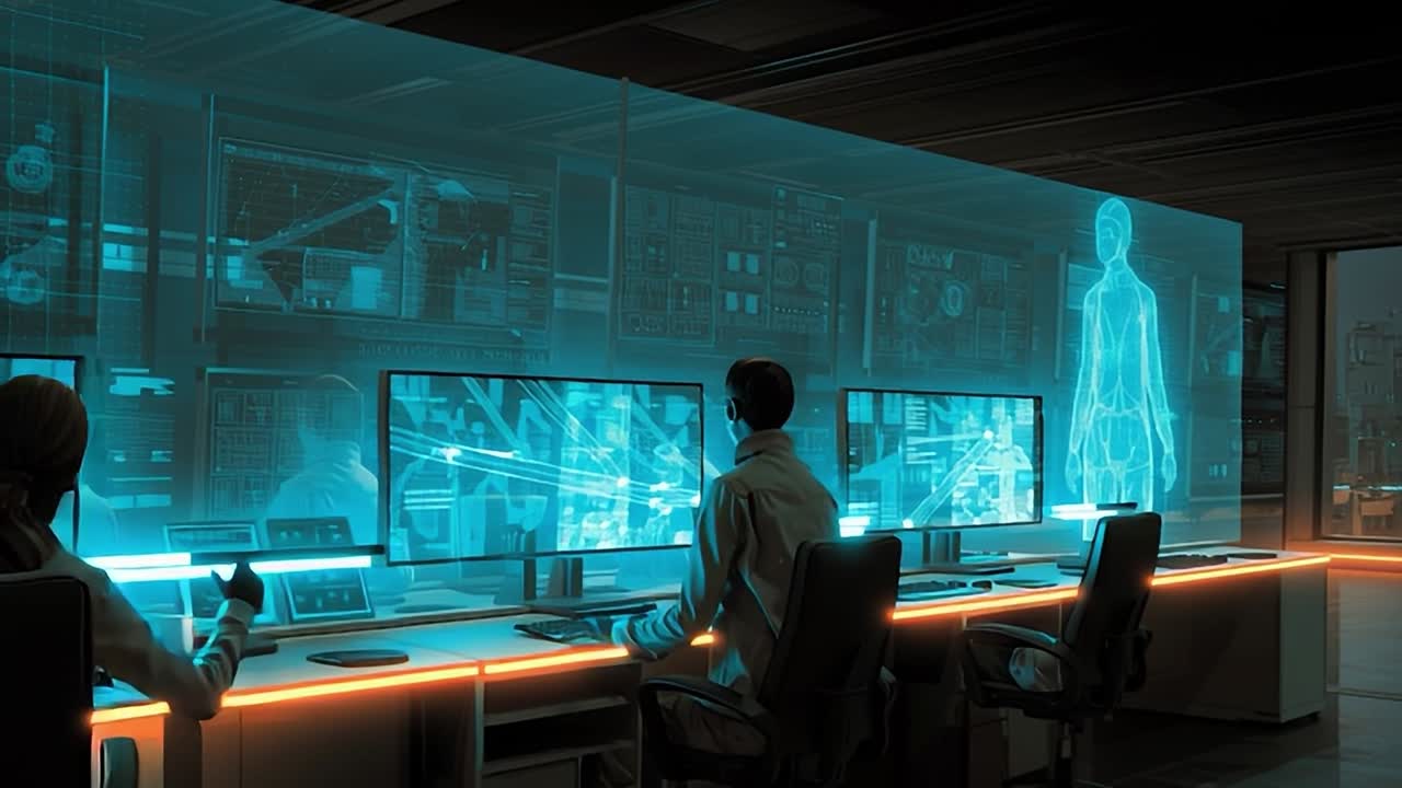 Futuristic control room with holographic displays at night