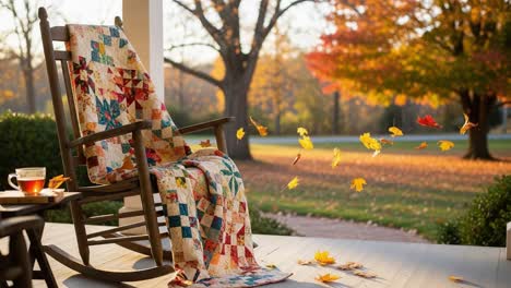 a cozy autumn scene featuring a charming rocking chair adorned with a colorful quilt, set against a beautiful fall landscape with falling leaves