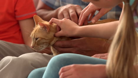 In-Zeitlupe,-Glückliche-Familie-Sitzt-Mit-Katze-Auf-Dem-Sofa