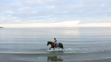 A-young-beautiful-brunette-girl-with-long-hair-in-a-blue-flowing-dress-rides-a-brown-horse-on-Donabate-beach,-Ireland