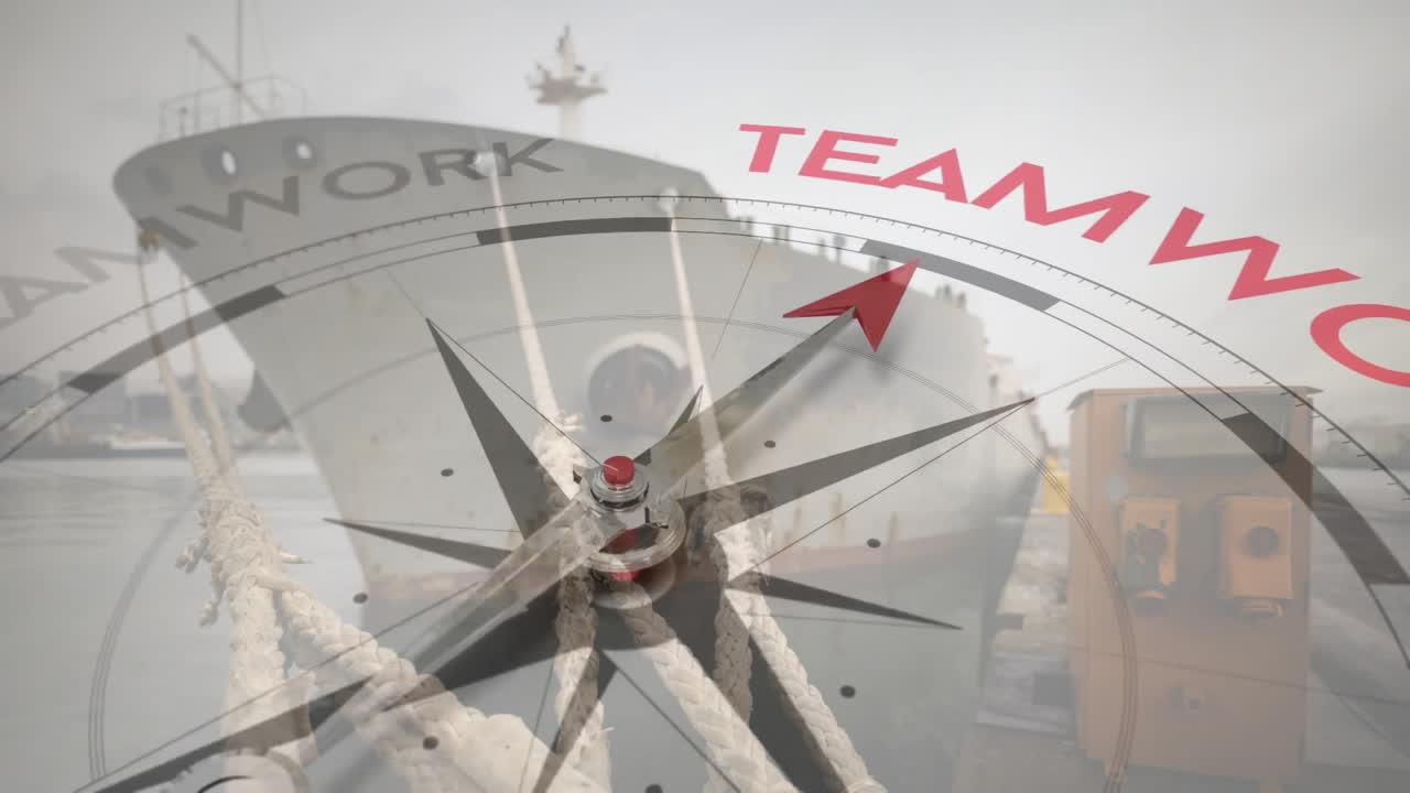 조선소에서 팀워크 텍스트와 함께 나침반의 애니메이션