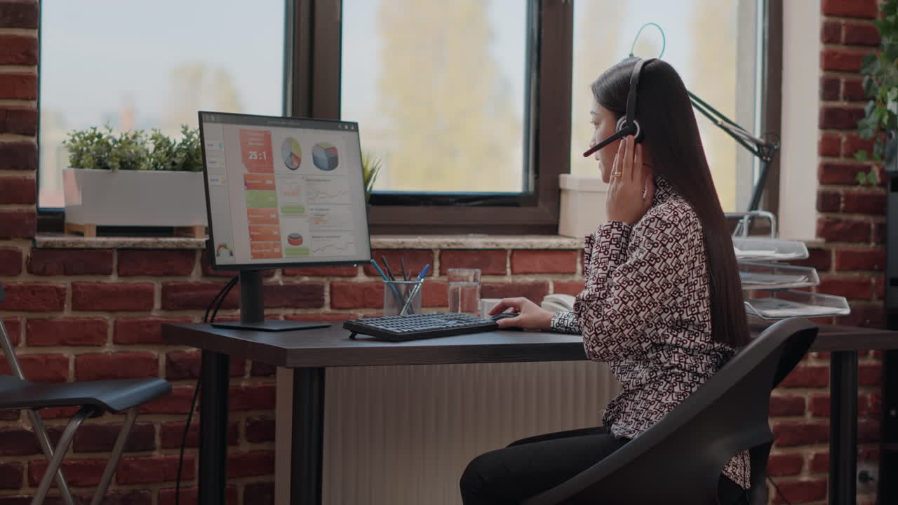 Person wearing headset to talk on phone call to clients