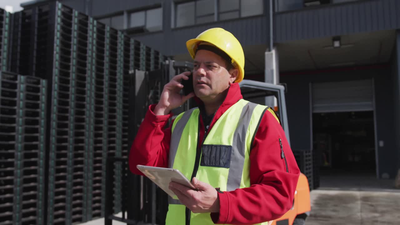 trabajador de almacén hablando por teléfono fuera de la fábrica