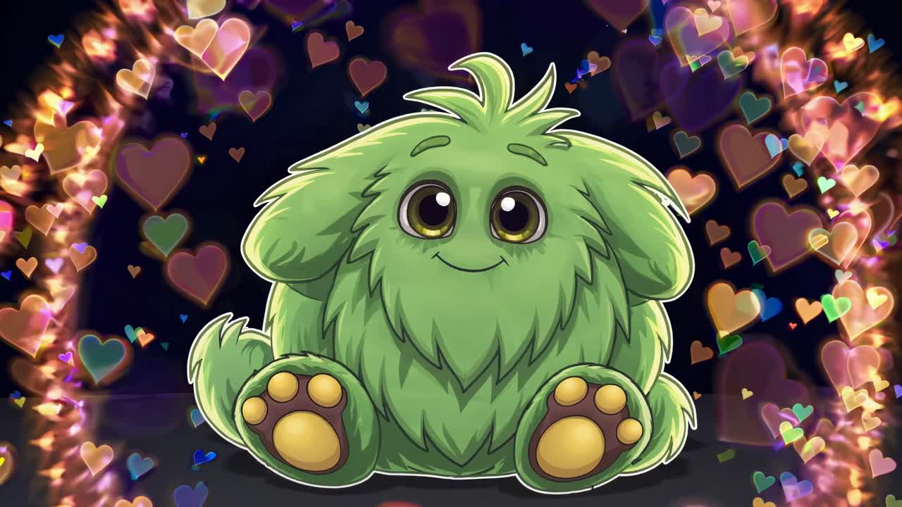 una criatura de fantasía esponjosa verde sentada pacíficamente, rodeada por un vibrante halo de corazones coloridos, creando una atmósfera conmovedora y mágica