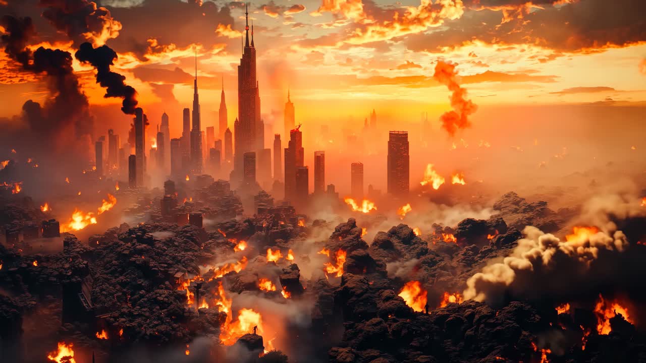 A city in the middle of a city on fire at sunset