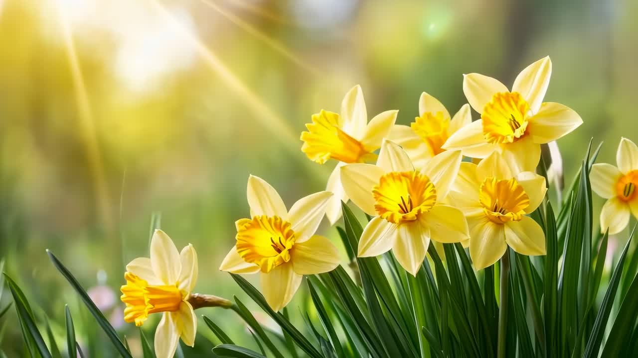 Close-up video of vibrant yellow daffodils in bloom, captured from a low angle
