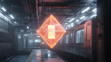 futuristic underground train station with glowing crystal