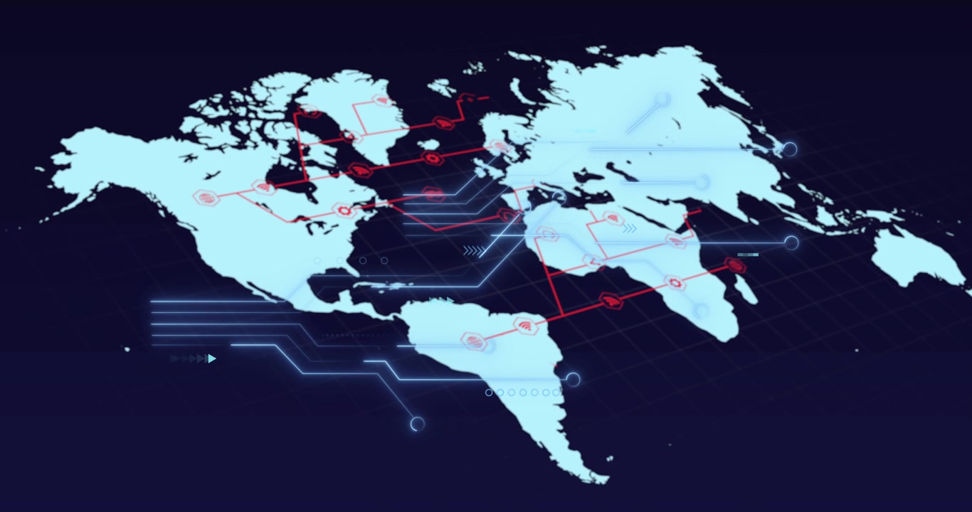 Stylized cyan map showing appearing node markers pulsing and drawing red links mapping world routes