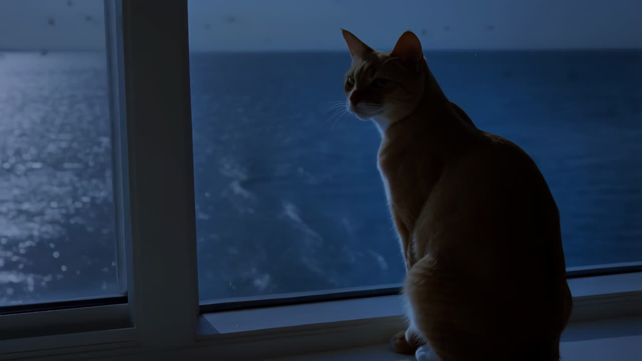 Cat Looking Out Window at Night