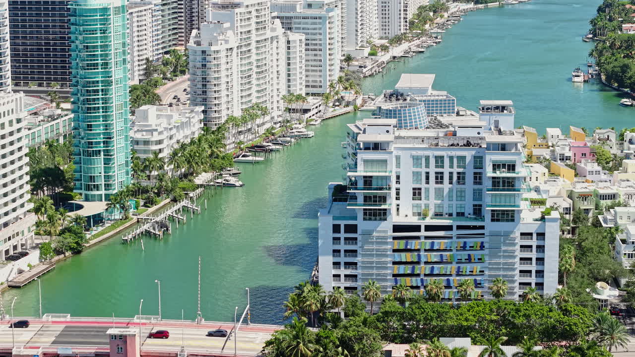 Miami Beach, Florida USA, Drone Shot of Street and Bridge Traffic, Buildings Along Indian Creek and Beachfront