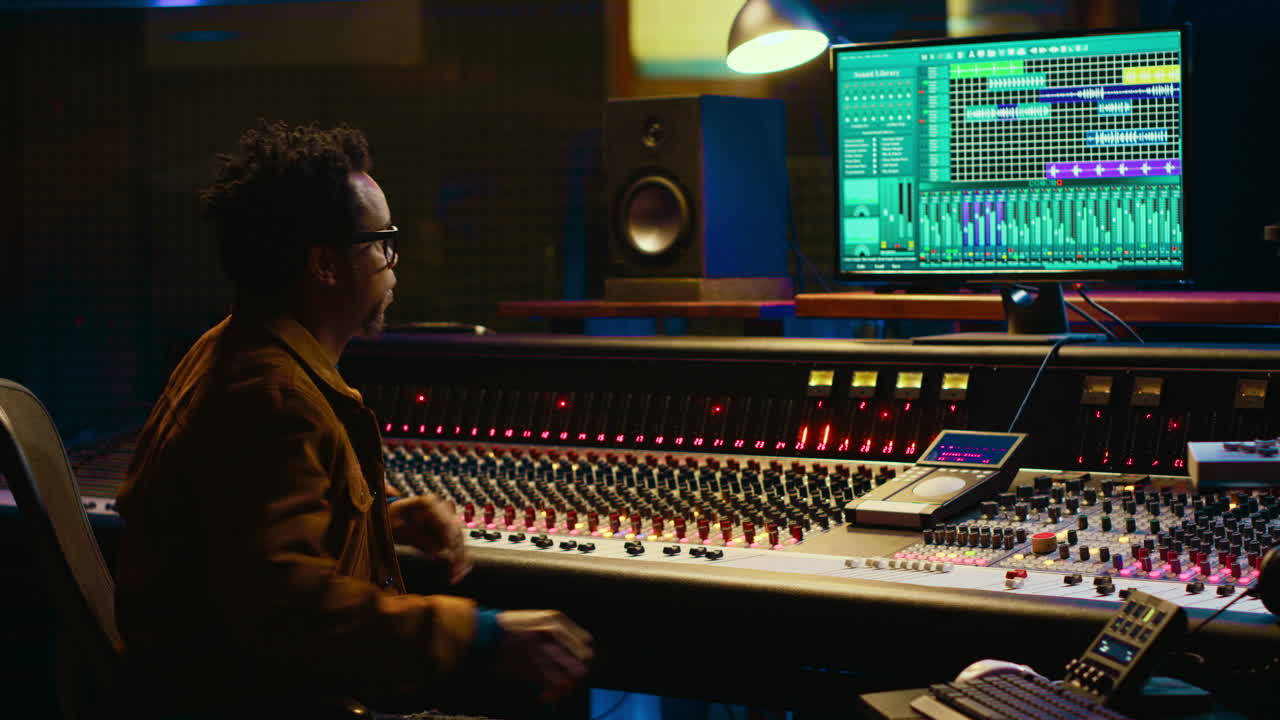 아프리카계 미국인 오디오 엔지니어가 프로 스튜디오에서 압축기와 서를 사용합니다.