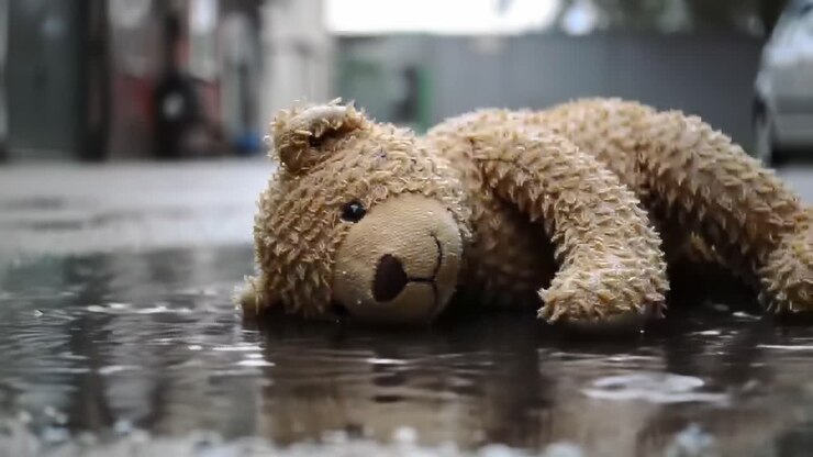 A teddy bear lies on a wet city street after a storm, surrounded by puddles and debris. The atmosphere is somber and reflective as evening light fades.