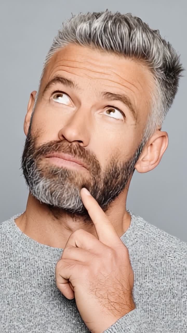Espressioni Contemplative: Un uomo in profonda riflessione, si tocca il mento e guarda verso l'alto con aria pensierosa.