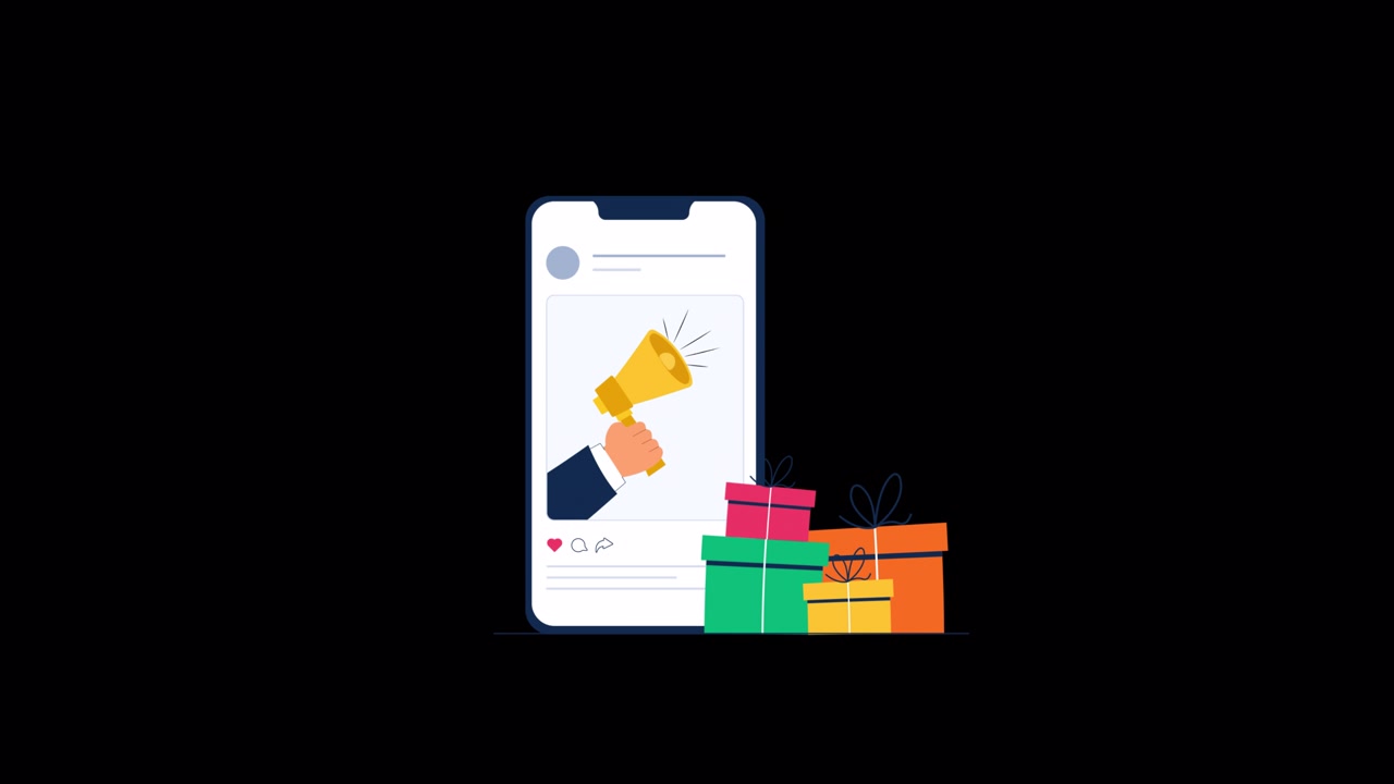 Smartphone animato che mostra una campagna di marketing promozionale con scatole regalo