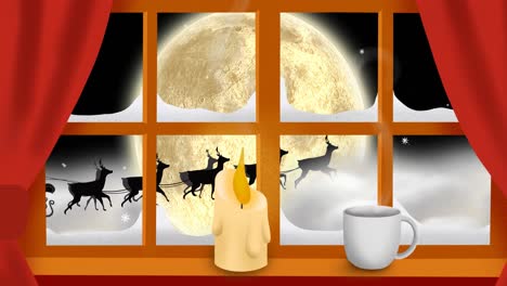 santa claus and reindeer flying over moon, window view