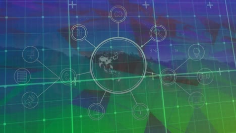 animation of globe and network of connections over landscape