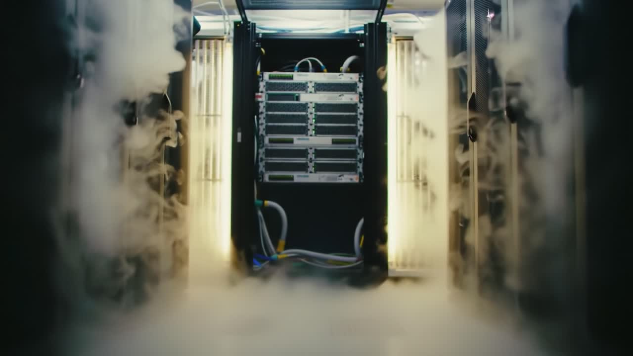 A Glimpse Inside a High-Tech Server Room Shrouded in Mystical Fog and Illuminated by Futuristic Lights, Showcasing Advanced Computing Equipment in Action