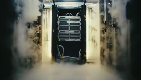 a glimpse inside a high-tech server room shrouded in mystical fog and illuminated by futuristic lights, showcasing advanced computing equipment in action