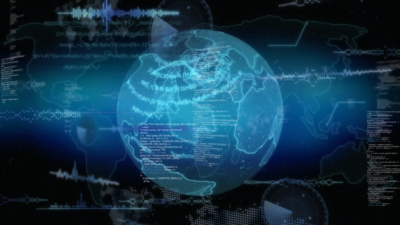 Composition of data processing on screens over globe and world map