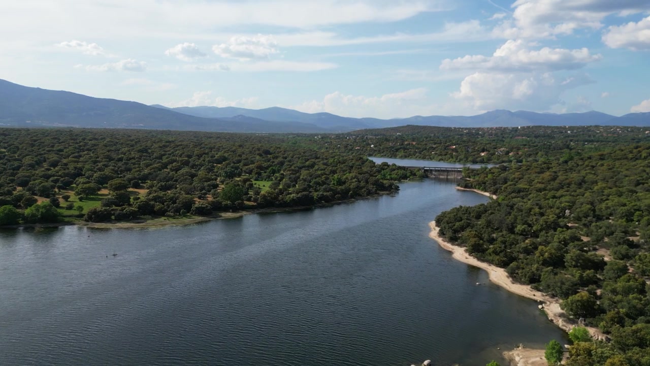 Un fiume serpeggia attraverso una foresta lussureggiante, con un ponte distante visibile sotto un cielo parzialmente nuvoloso. Adatto per documentari naturalistici o progetti ambientali.